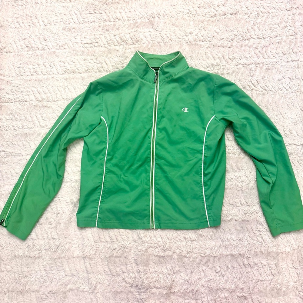 Champion size Large Women’s Lightweight Jacket Green White Stripe semi Cropped